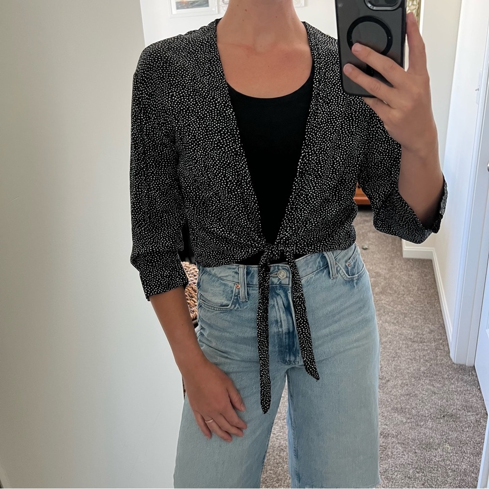 LOFT Black and White Patterned Tie-front Blouse